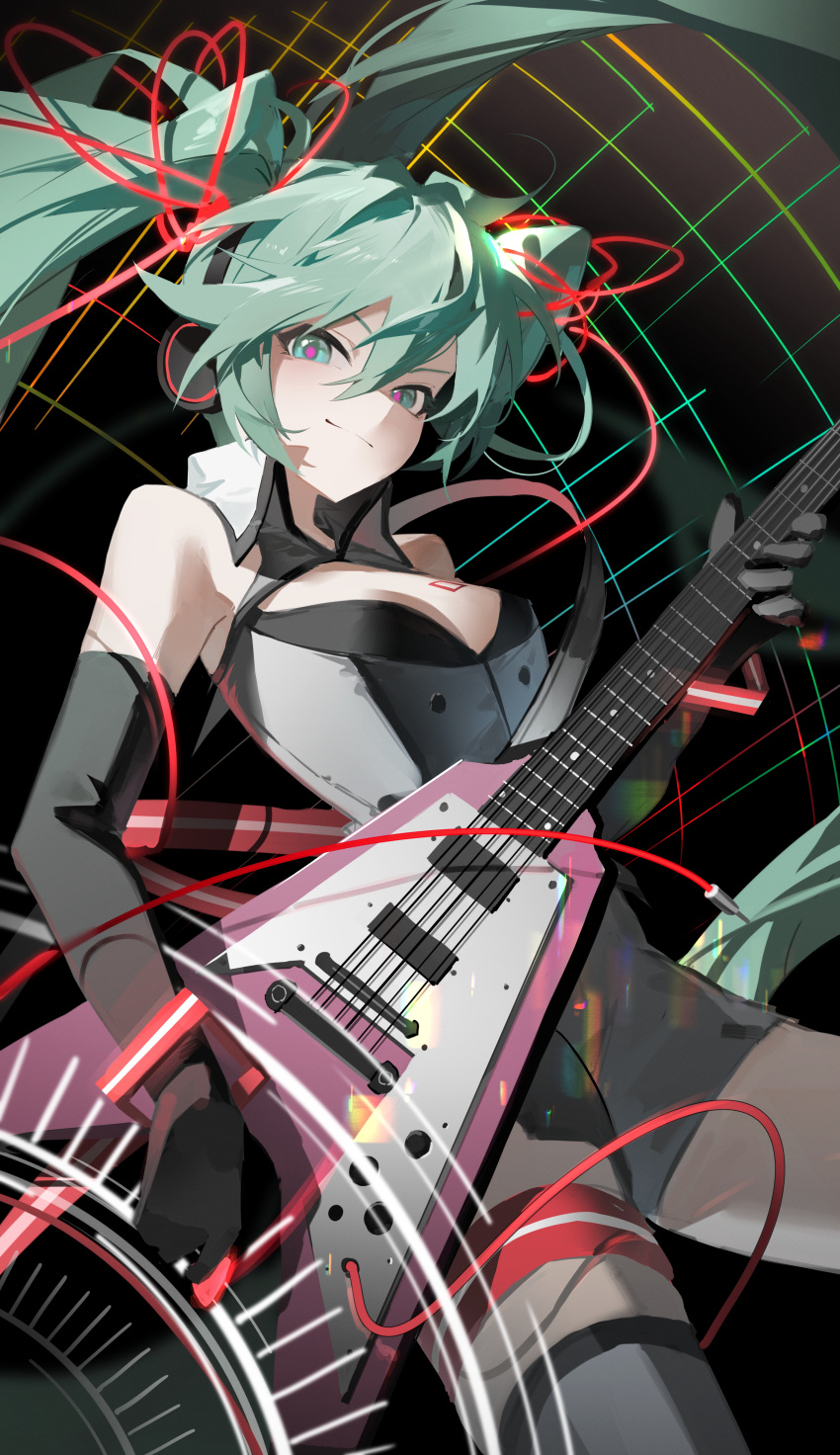 1girl absurdres aqua_eyes aqua_hair black_gloves breast_tattoo breasts cleavage closed_mouth elbow_gloves gloves grey_shorts grey_thighhighs hair_between_eyes hatsune_miku headphones highres holding_guitar jiu_ye_sang long_hair looking_at_viewer medium_breasts short_shorts shorts solo standing tattoo thighhighs twintails vocaloid wing_collar