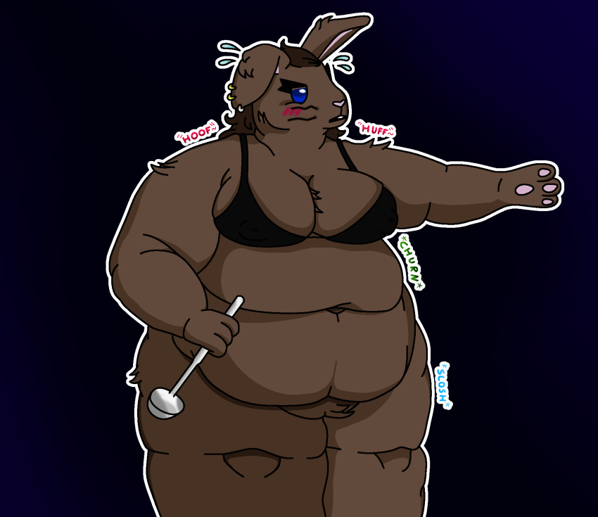 3_fingers anthro bananacasing11_(artist) belly_overhang blue_eyes blush blush_lines bra brown_body brown_fur clothing deep_navel ear_piercing ear_ring exhausted female fingers fupa fur fur_tuft hi_res kitchen_utensils lagomorph leporid mammal morbidly_obese morbidly_obese_female navel obese obese_female onomatopoeia outline overweight overweight_female paws piercing rabbit ring_piercing shaded simple_background simple_shading solo sound_effects text tired tools tuft underwear