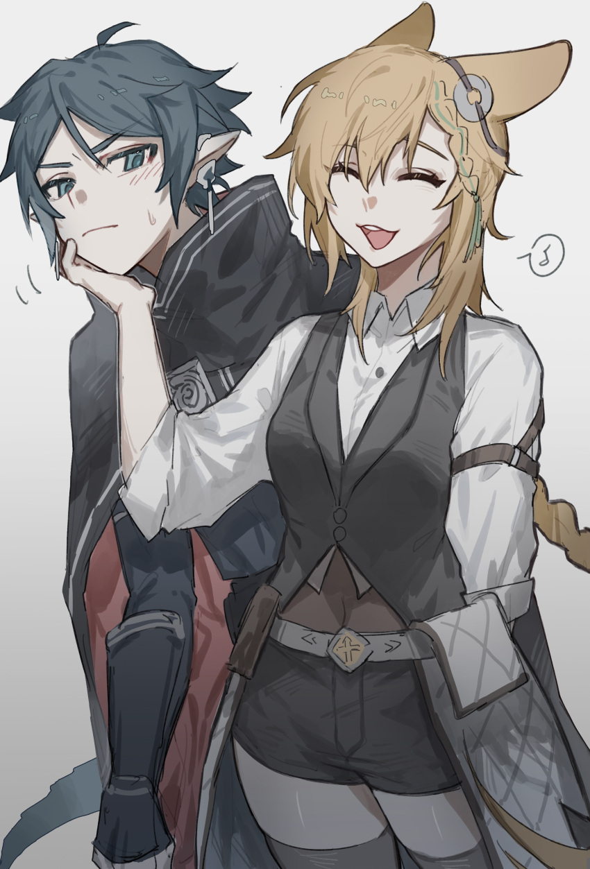 1boy 1girl absurdres animal_ears arknights black_hair black_thighhighs blonde_hair blush braid braided_ponytail cape closed_eyes closed_mouth collared_shirt grey_eyes hair_between_eyes hand_on_another's_chin highres kroos_(arknights) kroos_the_keen_glint_(arknights) long_hair looking_at_another musical_note open_mouth rabbit_ears rabbit_girl shirt short_hair short_shorts shorts simple_background spoken_musical_note teeth thighhighs upper_teeth_only vambraces white_background white_shirt yezhicha30815 zuo_le_(arknights)