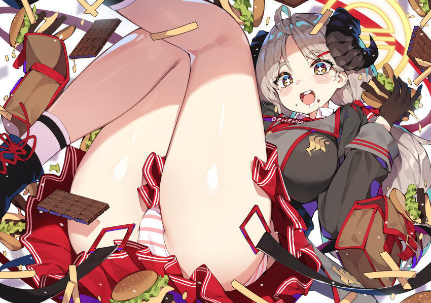 +_+ 1girl absurdres black_horns black_jacket blue_archive blush breasts burger curled_horns demon_horns food hair_ornament hairclip halo highres horns izumi_(blue_archive) jacket kiwidoyo large_breasts light_brown_hair long_hair looking_at_viewer mismatched_pupils open_mouth panties pantyshot red_skirt skirt smile socks solo striped striped_panties underwear white_socks