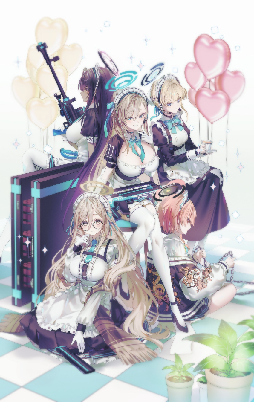 5girls absurdres akane_(blue_archive) apron asuna_(blue_archive) balloon bare_legs black_dress black_hair blonde_hair blue_archive blue_bow blue_bowtie blue_eyes blush bow bowtie braid breasts chain cleaning_&amp;_clearing_(blue_archive) cleavage cup dark_skin dragon_print dress elbow_gloves expressionless frilled_dress frills from_behind full_body glasses gloves grin gun hair_between_eyes hair_over_one_eye halo hand_up headset heart_balloon here_(hr_rz_ggg) high_heels highres holding holding_chain holding_cup holding_gun holding_weapon jacket karin_(blue_archive) knees_together_feet_apart large_breasts long_hair looking_at_viewer looking_back maid maid_apron maid_headdress medium_hair multiple_girls neru_(blue_archive) on_ground orange_eyes orange_hair red_eyes single_braid sitting smile sukajan teacup thighhighs toki_(blue_archive) v very_long_hair weapon white_apron white_gloves yellow_eyes