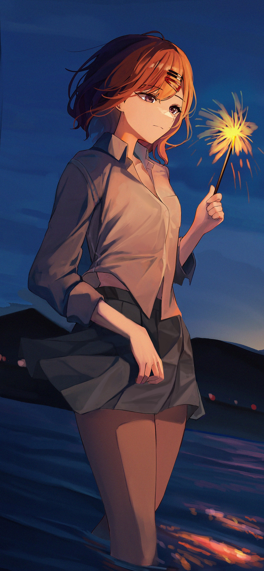 1girl absurdres breasts brown_eyes brown_hair brown_pantyhose closed_mouth collared_shirt fireworks grey_shirt grey_skirt hair_ornament hairclip hand_up highres higuchi_madoka holding holding_fireworks idolmaster idolmaster_shiny_colors long_sleeves looking_to_the_side medium_hair mole mole_under_eye night night_sky outdoors pantyhose parted_bangs partially_unbuttoned pleated_skirt rosu_1109 shadow shirt sidelocks skirt sky solo sparkler standing swept_bangs thighs wading water