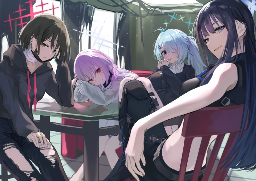 4girls absurdres arius_squad_(blue_archive) atsuko_(blue_archive) bandaged_neck bandages black_hair blue_archive blue_hair blush dark_blue_hair highres hiyori_(blue_archive) indoors kuro_shiraga light_blue_hair looking_at_viewer looking_back misaki_(blue_archive) multiple_girls own_hands_together pants pink_hair saori_(blue_archive) sitting smile torn_clothes torn_pants