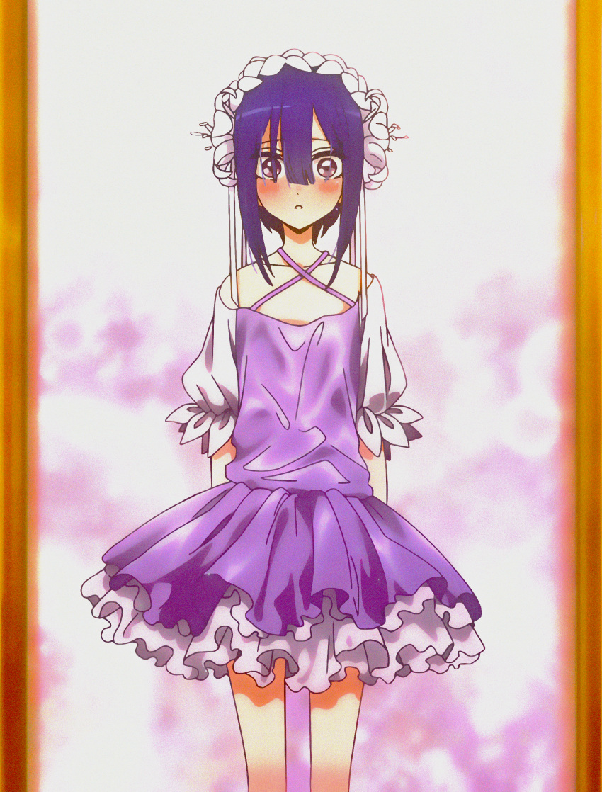 1girl absurdres breasts cosplay dress highres inui_sajuna magical_girl mirror mugichan07 purple_background purple_dress purple_hair short_hair small_breasts sono_bisque_doll_wa_koi_wo_suru white_background