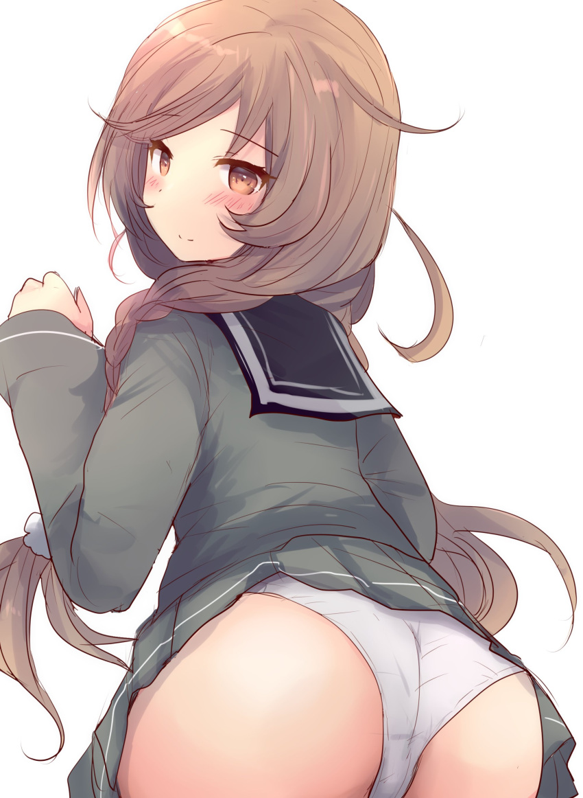 1girl absurdres ass ass_focus black_sailor_collar blush braid cloud_hair_ornament cowboy_shot from_behind good_ass_day grey_jacket grey_skirt highres hirune_(konekonelkk) jacket kantai_collection light_brown_hair long_hair long_sleeves looking_at_viewer looking_back low_twin_braids minegumo_(kancolle) panties plaid red_eyes ribbon sailor_collar sailor_shirt school_uniform serafuku shirt skirt solo twin_braids underwear white_background white_panties winter_uniform