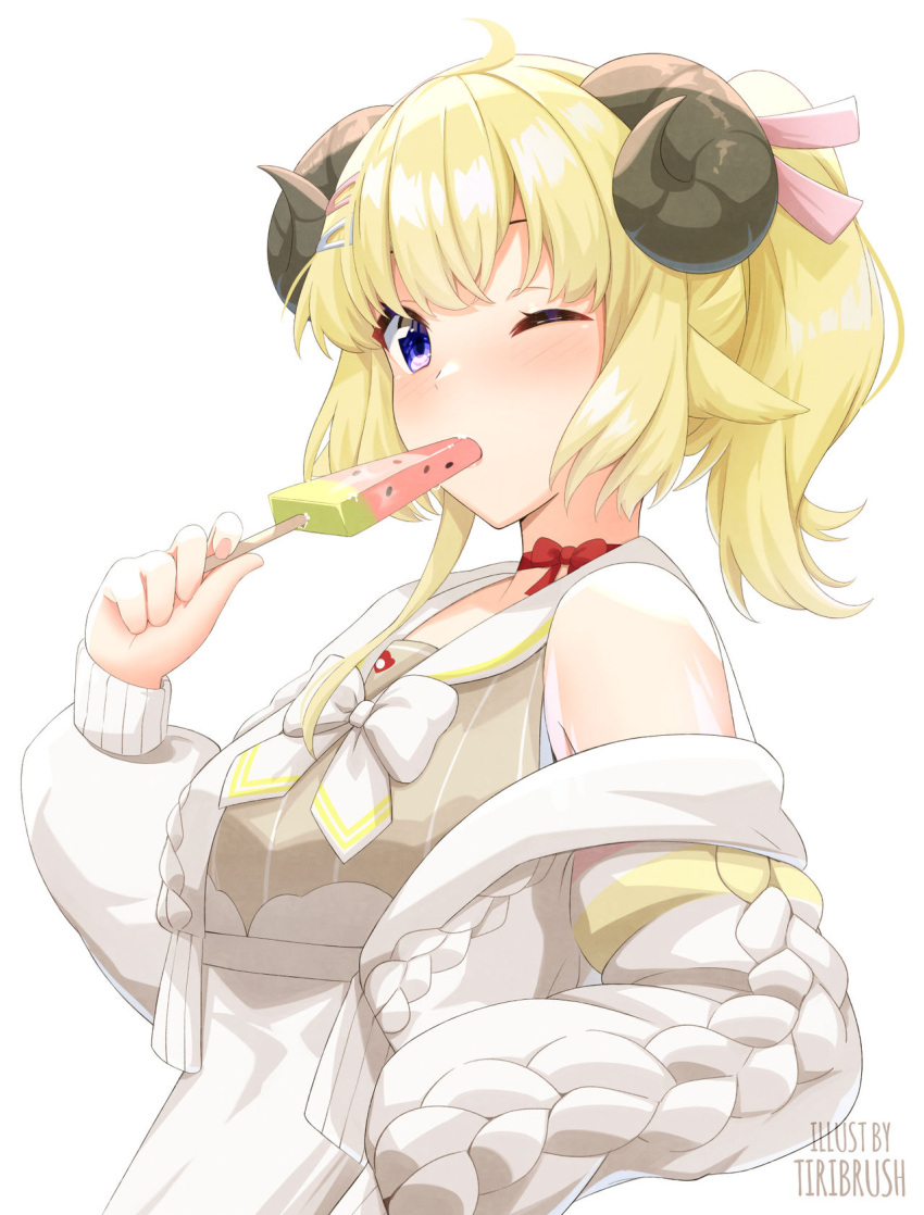 1girl ahoge animal_ears blonde_hair bow bowtie commentary curled_horns english_commentary food food_in_mouth hair_ornament hairclip highres hololive horn_bow horn_ornament horns looking_at_viewer necktie off-shoulder_jacket off_shoulder popsicle popsicle_in_mouth sailor_collar sheep_ears sheep_girl sheep_horns simple_background solo tiribrush tsunomaki_watame tsunomaki_watame_(3rd_costume) virtual_youtuber watermark watermelon_bar white_background