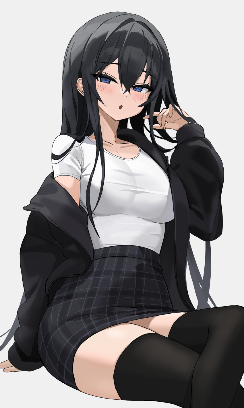 1girl absurdres black_hair black_jacket black_skirt black_thighhighs blue_eyes breasts commission crossed_legs feet_out_of_frame hand_up high-waist_skirt highres jacket large_breasts long_hair long_sleeves looking_at_viewer miniskirt off_shoulder open_clothes open_jacket open_mouth original pencil_skirt plaid plaid_skirt shirt shirt_tucked_in short_sleeves simple_background sinkee sitting skirt solo taut_clothes taut_shirt thighhighs thighs very_long_hair white_background white_shirt zettai_ryouiki