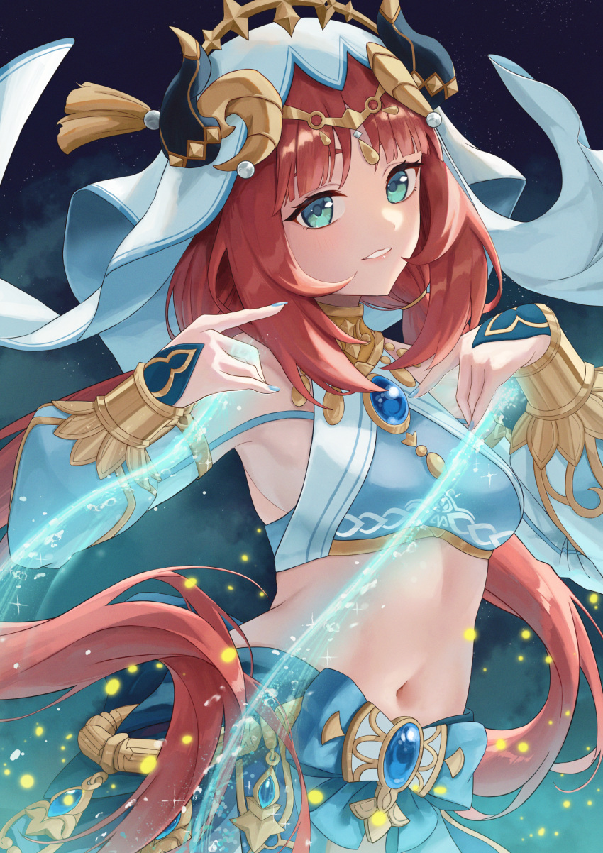 1girl aqua_eyes aqua_nails armpits arms_up blue_gemstone blue_skirt blunt_bangs blush bracer breasts brooch circlet clenched_teeth fake_horns floating_clothes floating_hair gem genshin_impact gold_trim hal_aluha hands_up harem_outfit highres horns jewelry light_particles light_trail lips long_hair long_sleeves looking_at_viewer low_twintails medium_breasts midriff navel neck_ring nilou_(genshin_impact) open_mouth parted_bangs puffy_long_sleeves puffy_sleeves red_hair sidelocks skirt solo stomach teeth twintails upper_body veil white_headdress white_veil