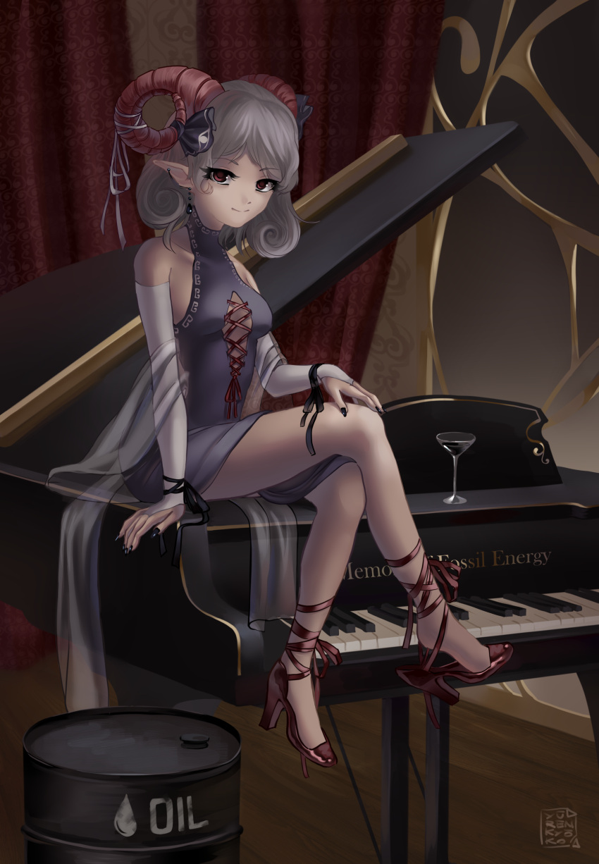 1girl absurdres alternate_costume black_nails blue_dress blue_ribbon breasts center_opening closed_mouth cocktail_glass commentary cup curled_horns curly_hair curtains dress drinking_glass drum_(container) earrings english_commentary full_body grand_piano grey_hair highres horn_ornament horn_ribbon horns indoors instrument jewelry leg_ribbon looking_at_viewer meandros medium_breasts piano pointy_ears red_eyes red_footwear red_horns red_ribbon ribbon sheep_horns short_hair sitting sitting_on_piano sleeveless sleeveless_dress smile solo touhou toutetsu_yuuma white_bridal_gauntlets yuuren_kyouko