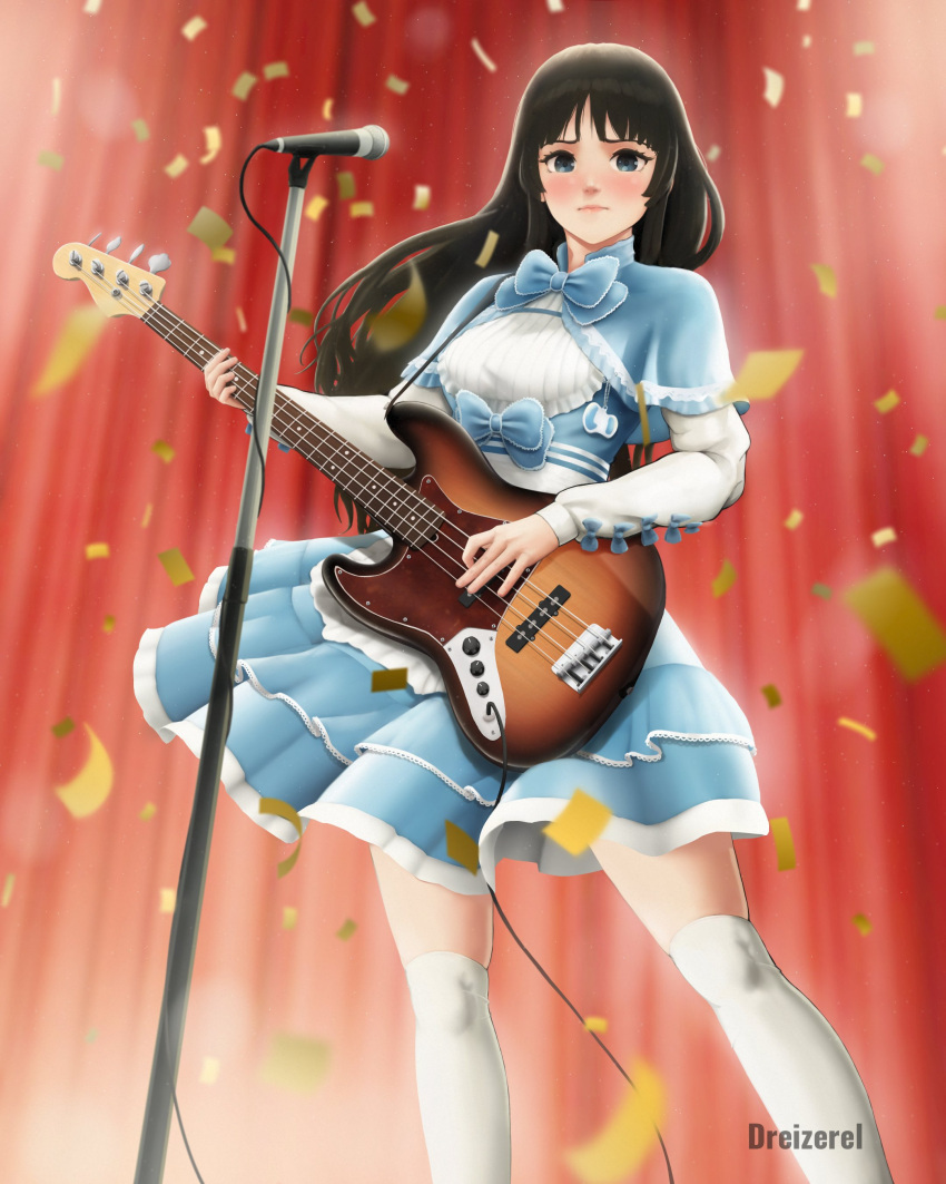 absurdres akiyama_mio artist_name bass_guitar black_eyes black_hair blue_bow blue_skirt blunt_bangs blush bow cable closed_mouth commentary_request confetti dreizerel frilled_skirt frills highres holding holding_instrument instrument k-on! left-handed long_hair long_sleeves microphone microphone_stand music playing_instrument sidelocks skirt spanish_commentary thighhighs watermark white_thighhighs