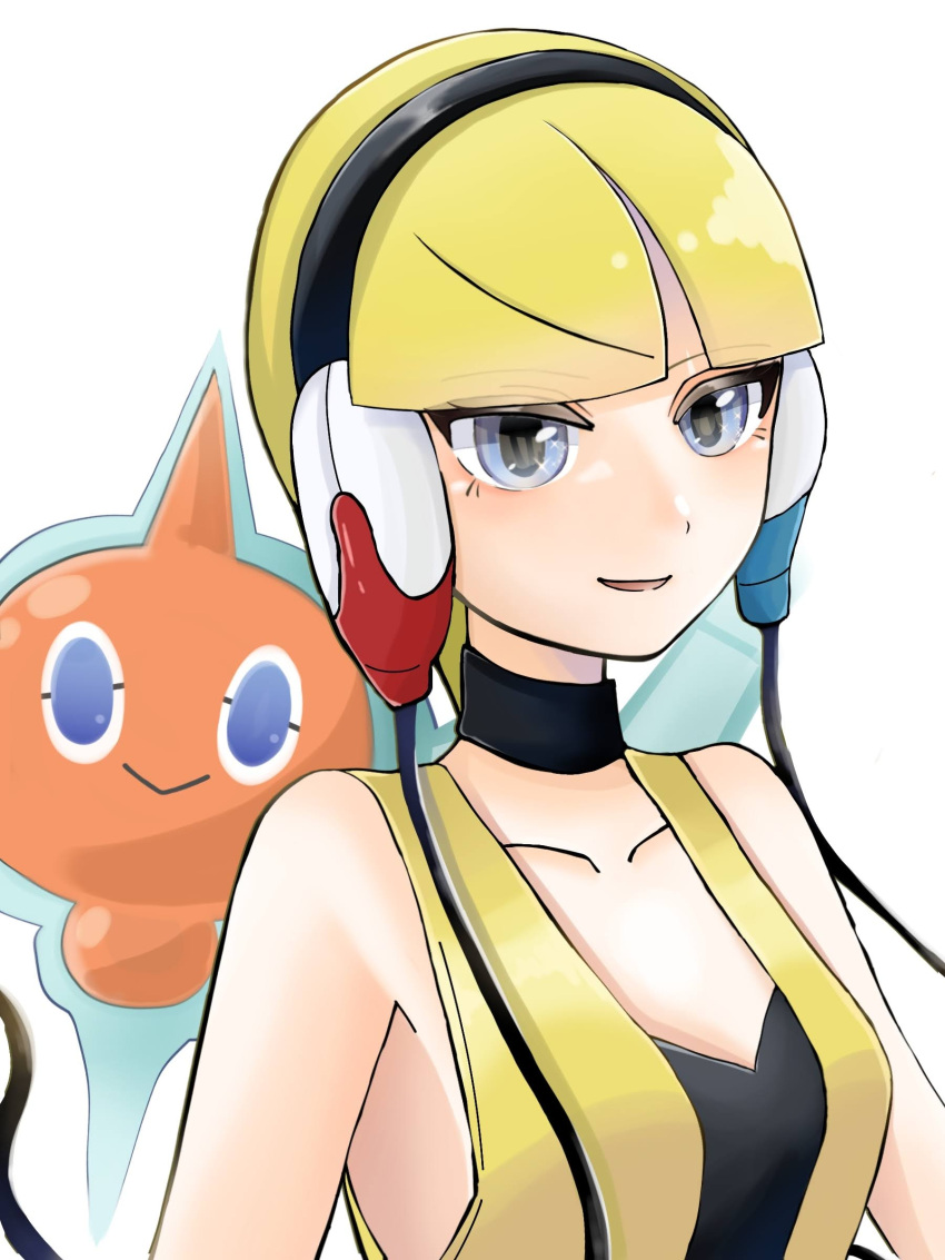 1girl :&gt; absurdres bare_shoulders black_choker blonde_hair blue_eyes blunt_bangs blush breasts cable choker closed_mouth collarbone commentary_request elesa_(pokemon) happy headphones highres jpeg_artifacts light_blush looking_at_viewer open_mouth partial_commentary pokemon pokemon_(creature) pokemon_(game) pokemon_bw rotom rotom_(normal) shirt short_hair simple_background sleeveless sleeveless_shirt small_breasts smile solo_focus suzu_(pixiv_32232702) upper_body white_background yellow_shirt