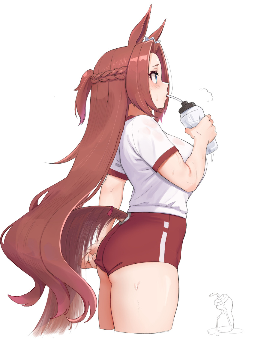 1girl absurdres adjusting_buruma adjusting_clothes animal_ears benikirin blue_eyes blush bottle braid brown_hair buruma cowboy_shot crown_braid gym_shirt gym_uniform highres horse_ears horse_girl horse_tail kawakami_princess_(umamusume) long_hair profile red_buruma shirt short_sleeves sidelocks solo sweatdrop t-shirt tail umamusume water_bottle white_shirt