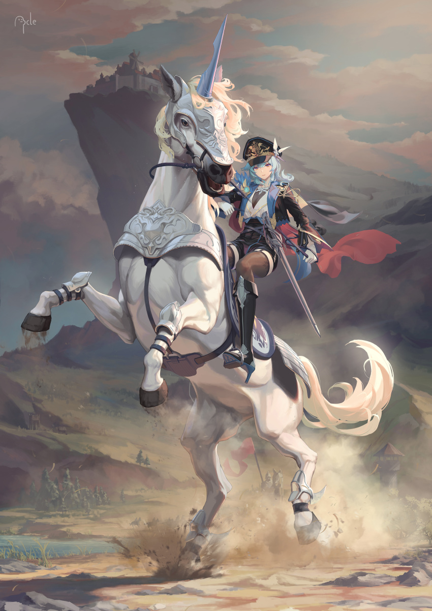 1girl absurdres ancle_(aruncle) animal black_headwear blue_hair boots breasts cleavage cloud eula_(genshin_impact) garter_straps genshin_impact gloves high_heel_boots high_heels highres horse horseback_riding mountainous_horizon multicolored_eyes reins riding saddle scenery see-through sitting_on_animal sky solo stirrups thighhighs tree vision_(genshin_impact) wall white_gloves white_horse windmill