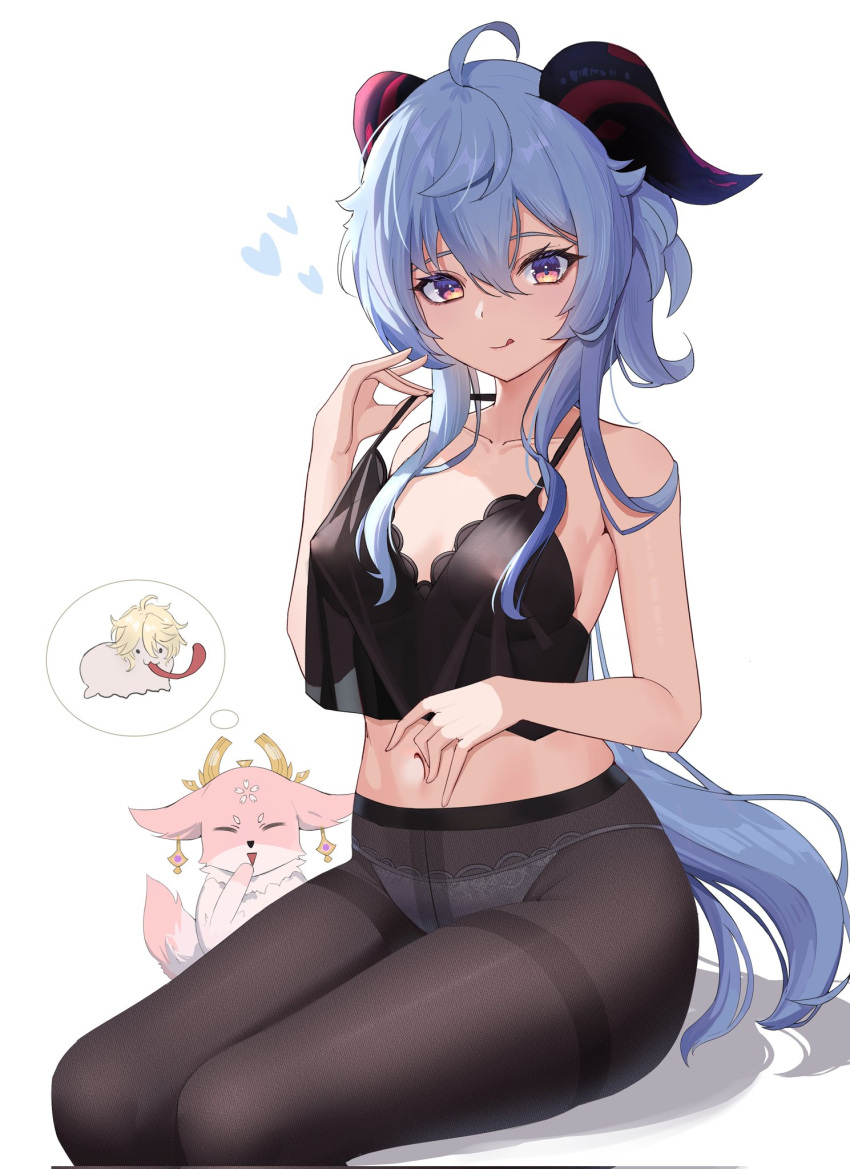 1boy 2girls :p aether_(genshin_impact) ahoge alternate_costume bangs bare_shoulders black_pantyhose blue_hair blush breasts camisole collarbone come_hither fine_fabric_emphasis ganyu_(genshin_impact) genshin_impact heart highres horns long_hair looking_at_viewer medium_breasts multiple_girls navel panties panties_under_pantyhose pantyhose purple_eyes see-through sidelocks sitting smile stomach strap_gap thighband_pantyhose thinking tongue tongue_out underwear wen3366 white_background yae_miko yae_miko_(fox)