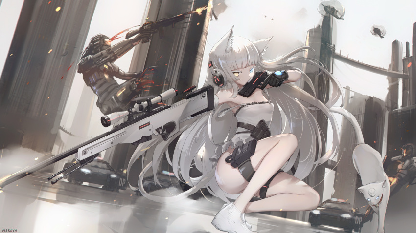 1girl absurdres ai_arctic_warfare animal_ear_fluff animal_ears assault_rifle awp_(girls'_frontline)_(nekoya_(liu)) bare_legs black_gloves blood blunt_bangs bolt_action breasts building camisole car cat cat_ears cat_tail covering_mouth dual_wielding full_body girls'_frontline gloves gun handgun headphones highres holding holding_gun holding_weapon implied_extra_ears long_hair motor_vehicle nekoya_(liu) no_panties original police_car rifle shirt shoes sig_sauer sig_sauer_p226 small_breasts sniper_rifle solo_focus squatting tail thigh_strap very_long_hair weapon white_footwear white_hair white_shirt