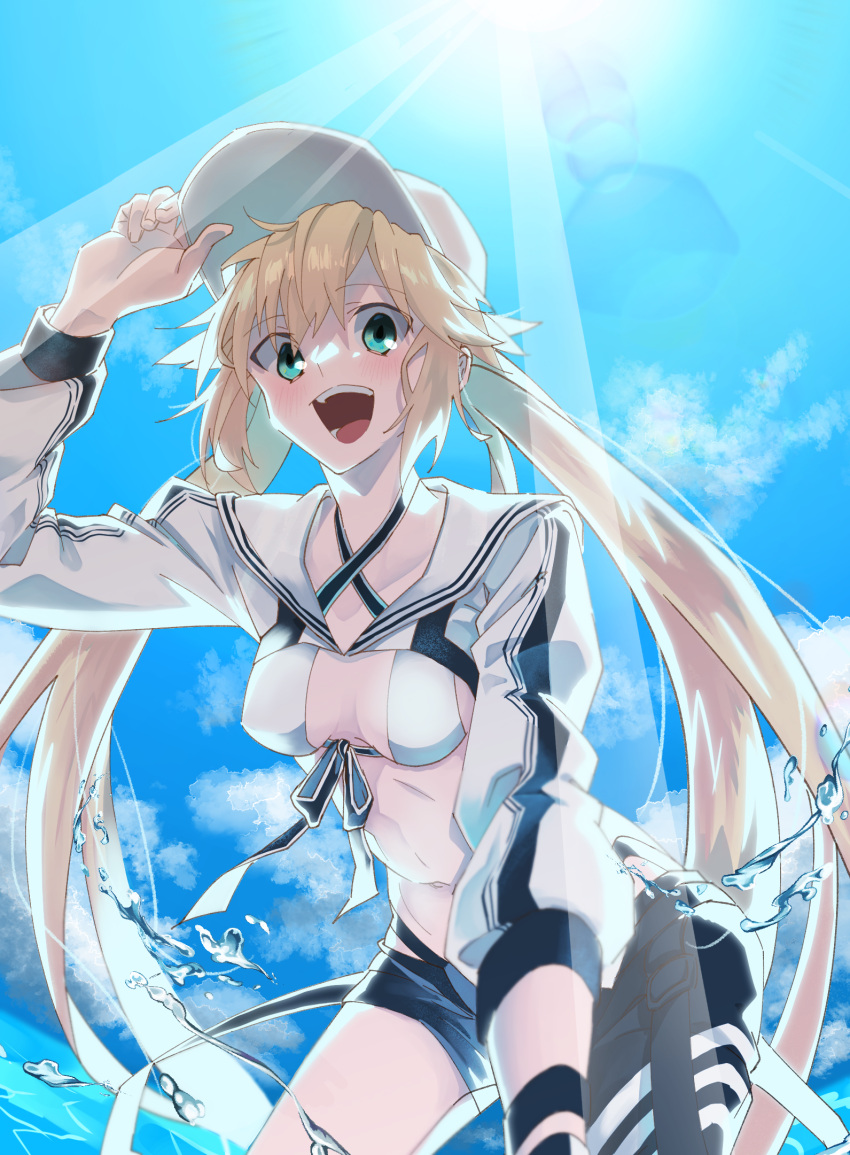 1girl artoria_caster_(fate) artoria_caster_(swimsuit)_(fate) artoria_pendragon_(fate) asymmetrical_clothes baseball_cap bikini black_pants blonde_hair blue_sky blush breasts cropped_jacket fate/grand_order fate_(series) green_eyes hat highres jacket long_hair long_sleeves looking_at_viewer navel ocean open_mouth pants shrug_(clothing) single_pantsleg sky small_breasts smile solo sunlight swimsuit syoagcl thighs twintails white_bikini white_headwear white_jacket