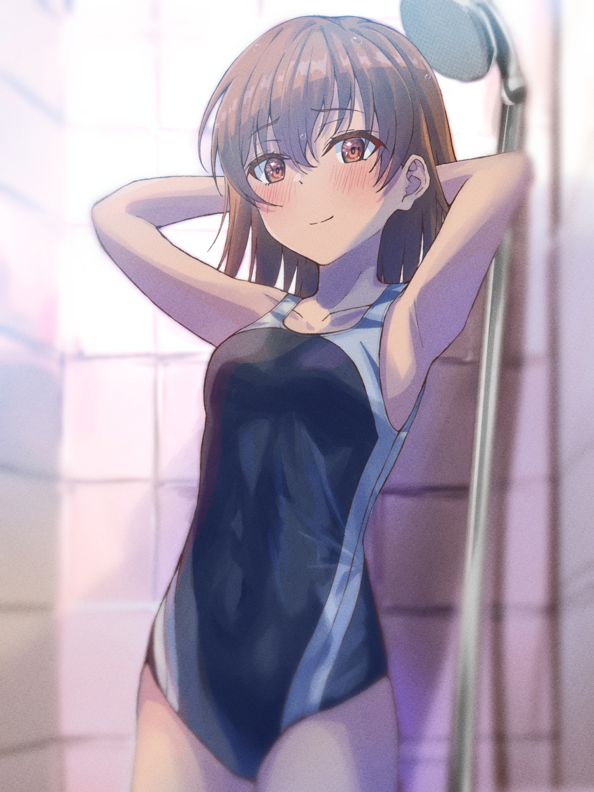 1girl absurdres arms_up black_one-piece_swimsuit blush brown_eyes brown_hair commentary_request competition_school_swimsuit covered_navel halya_meri highres indoors medium_hair misaka_mikoto multicolored_clothes multicolored_swimsuit one-piece_swimsuit paid_reward_available school_swimsuit shower_head showering smile solo swimsuit tile_wall tiles toaru_kagaku_no_railgun toaru_majutsu_no_index tokiwadai_school_swimsuit wet white_one-piece_swimsuit