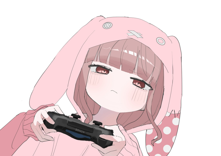 animal_ears animal_hood blush brown_eyes brown_hair button_eyes controller cosplay curly_hair fang game_controller highres holding holding_controller holding_game_controller hood hoodie igarashi_suiri kigurumi long_sleeves oyumeno pink_hoodie rabbit_ears rabbit_hood seams super_ultra_usagi_rush!! v-shaped_eyebrows white_background