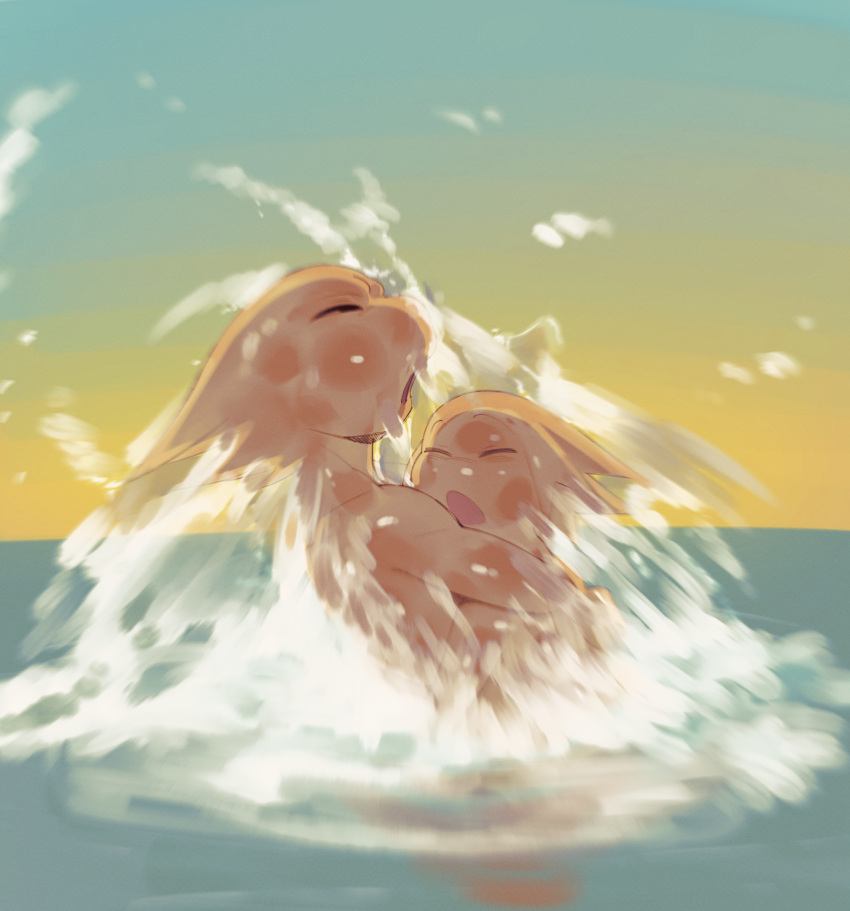 brother_(lore) brothers_(lore) duo embrace eyes_closed gasping_for_air hi_res hug humanoid male male/male malph nude panpan puwa sea sibling_(lore) skinny_dipping sqoon surfacing swimming water