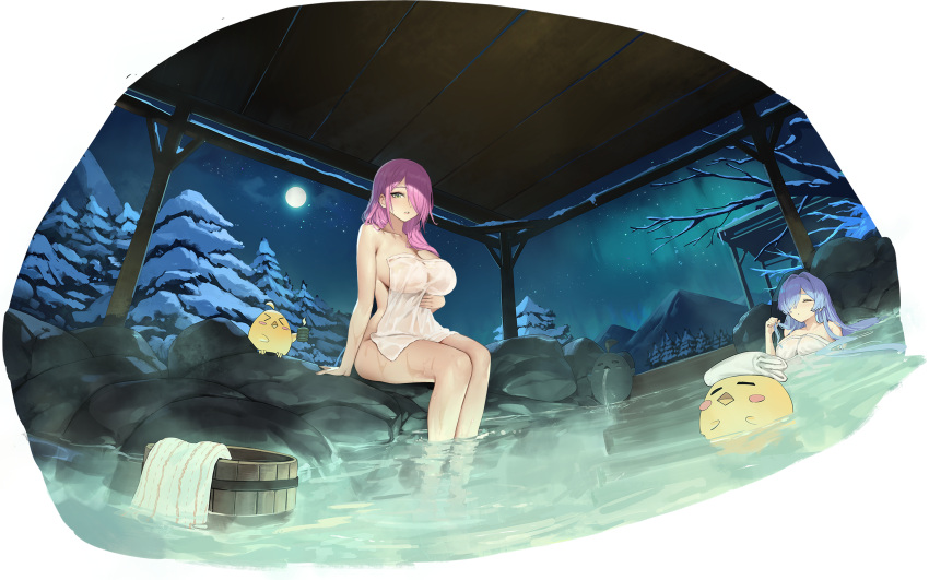 1girl absurdres azur_lane bird breasts chick closed_eyes closed_mouth collarbone covering cup expressions full_moon green_eyes hair_down hair_over_one_eye highres holding holding_cup large_breasts legs light_smile long_hair looking_at_viewer manjuu_(azur_lane) moon night night_sky non-web_source nude_cover official_alternate_costume official_alternate_hairstyle official_art onsen parted_lips pink_hair raised_eyebrow romana see-through sitting sky snow soaking_feet steam thighs towel tree trieste_(amore_termico)_(azur_lane) trieste_(azur_lane) water wet