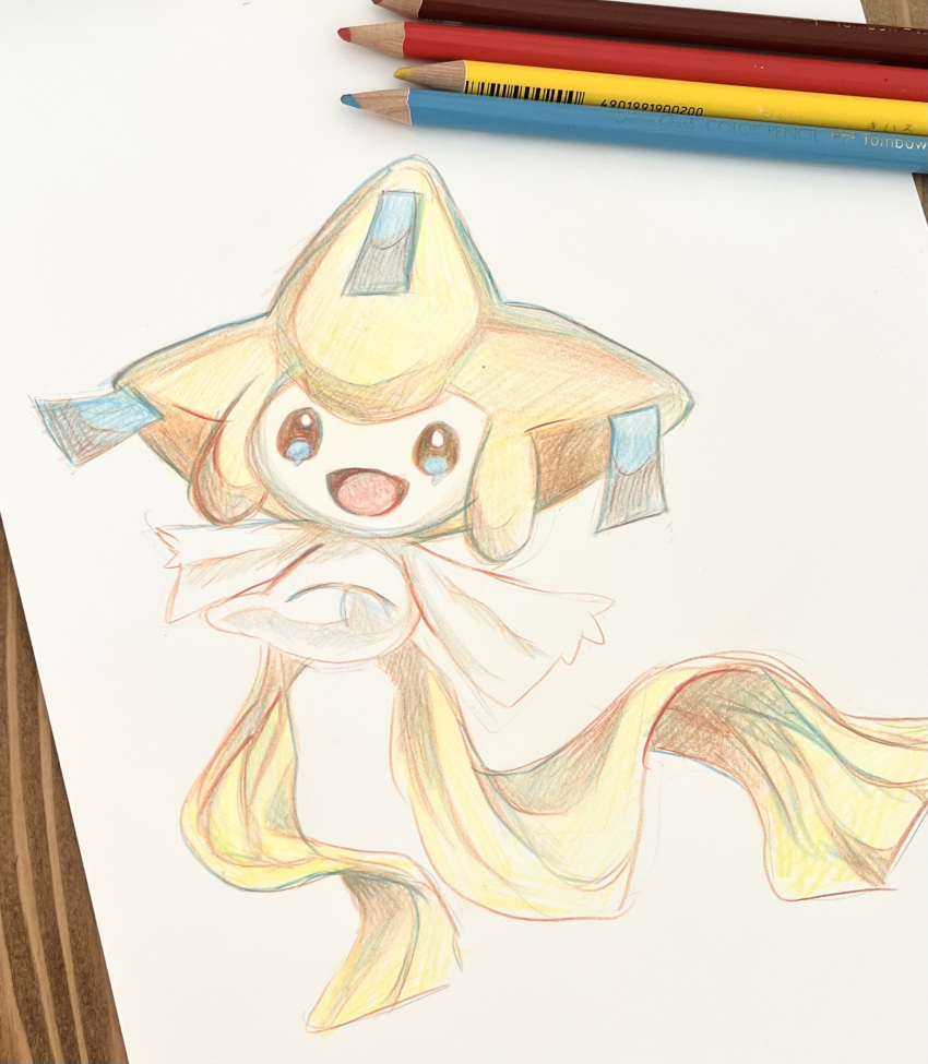 1other black_eyes blue_eyes colored_pencil_(medium) colored_skin commentary_request full_body happy highres jirachi multicolored_eyes open_mouth other_focus outstretched_arms pencil photo_(medium) pokemon pokemon_(creature) simple_background sketch smile solo spread_arms tensaitou_tou traditional_media white_background white_skin