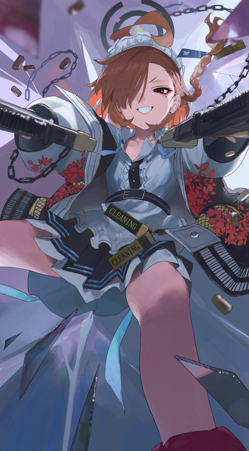 024th 1girl absurdres ahoge black_skirt blue_archive chain dual_wielding earrings floating_hair floral_print grin gun hair_over_one_eye halo highres holding holding_gun holding_weapon jacket jewelry long_sleeves maid_headdress mole mole_under_eye neru_(blue_archive) open_clothes open_jacket orange_eyes orange_hair shirt skirt smile solo weapon white_shirt