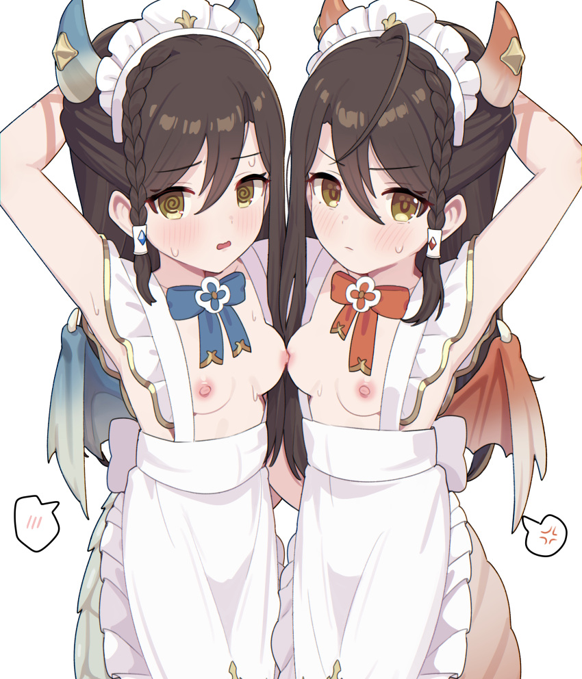 2girls @_@ absurdres anger_vein apron arm_up black_hair blue_bow blue_bowtie blue_horns blue_wings blush bow bowtie braid breasts character_request dragon_girl dragon_wings hair_between_eyes haruka1638 highres horns maid_headdress multiple_girls naked_apron princess_connect! red_bow red_bowtie red_horns red_wings siblings sisters small_breasts speech_bubble spoken_anger_vein spoken_blush sweatdrop twins wings