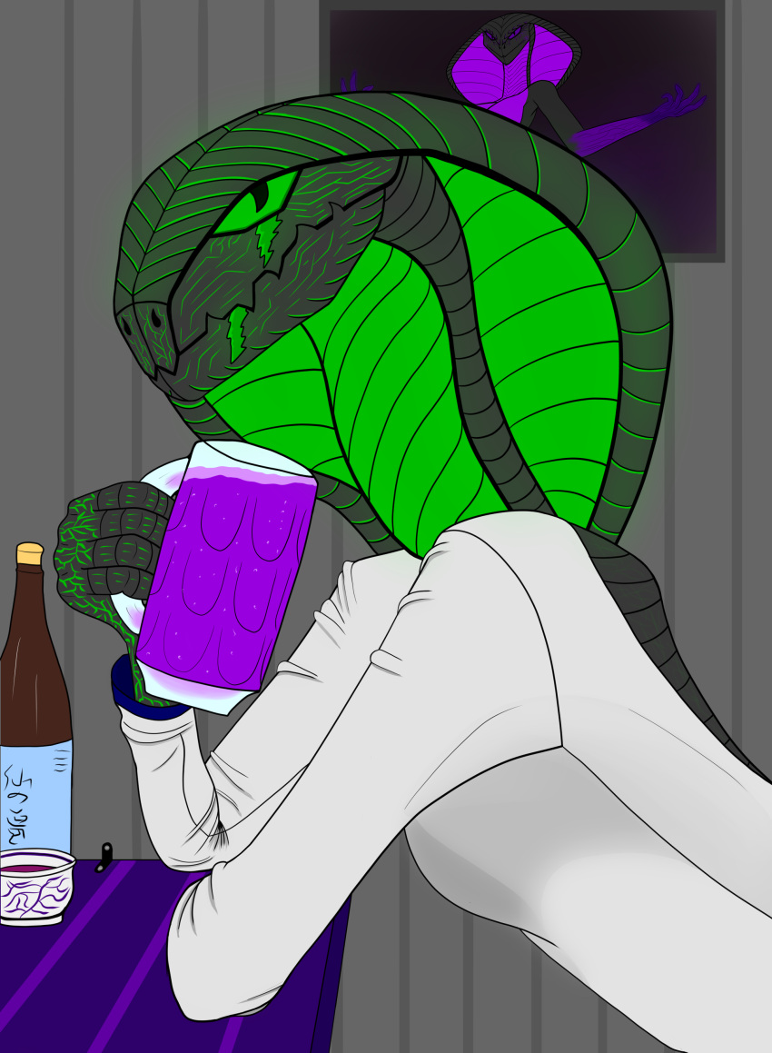 absurd_res alcohol ametist anthro apode beverage black_body black_scales breasts clothing draconcopode duo female furniture green_body green_eyes green_scales grey_background hi_res jesuscheesus legless mug naga non-mammal_breasts photo picture_frame purple_body purple_eyes purple_scales reptile scales scalie scar serpentine simple_background snake snake_hood table zel'onka