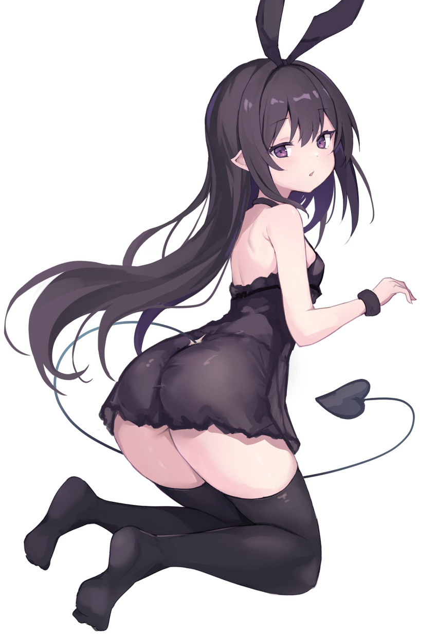 1girl absurdres asktyuni ass bare_shoulders black_bow black_hair black_nightgown black_scrunchie black_thighhighs bow breasts commentary demon_girl demon_tail feet floating_hair from_side hair_between_eyes hair_bow highres long_hair looking_back nightgown no_shoes original parted_lips pointy_ears purple_eyes scrunchie simple_background sleepwear small_breasts soles solo tail tail_through_clothes thighhighs very_long_hair white_background wrist_scrunchie