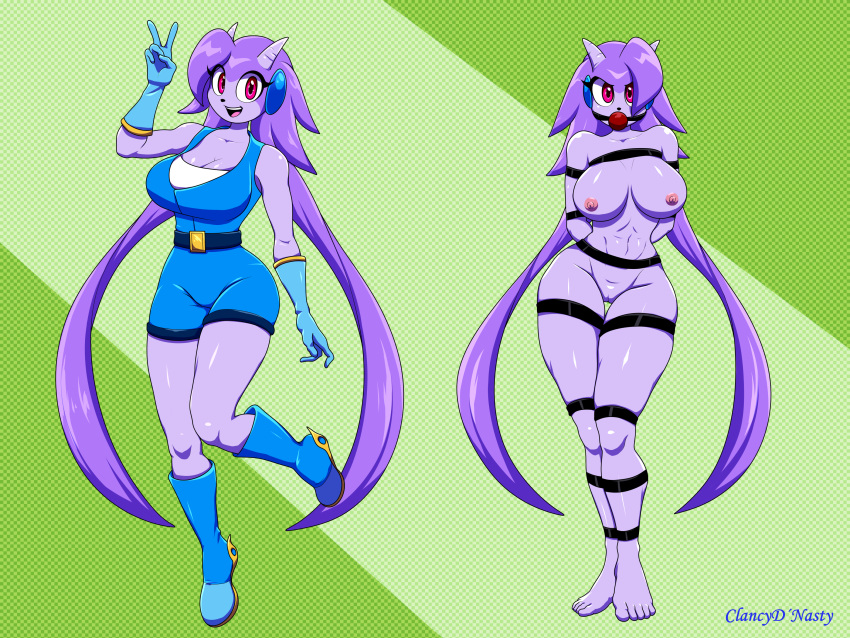 absurd_res anthro aquatic_dragon belt big_breasts boots breasts clancyd'nasty clothing dragon female footwear freedom_planet freedom_planet_2 galaxytrail genitals gloves hair handwear hi_res horn marine model_sheet nipples pink_eyes purple_hair pussy reference_image reference_to_character smile smiling_at_viewer solo solo_focus thick_thighs wingless_dragon