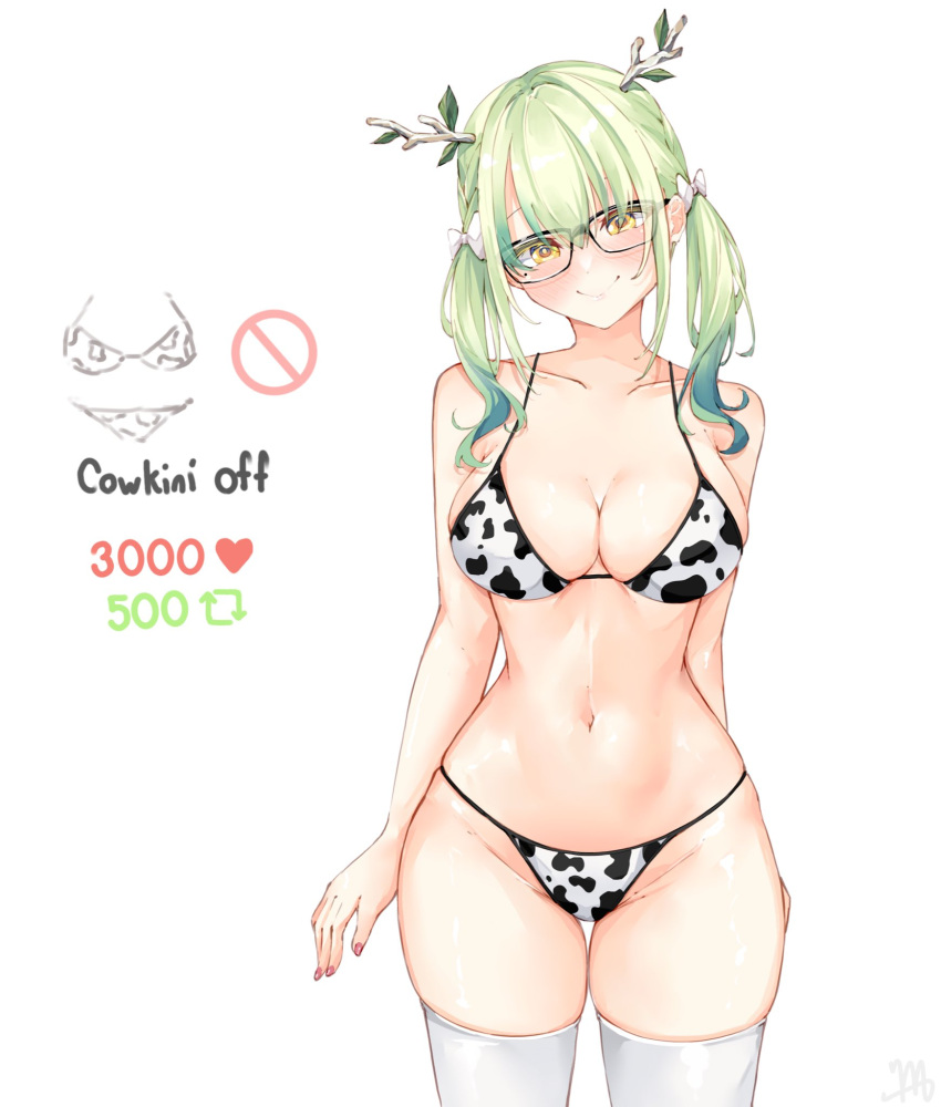 1girl animal_print antlers bikini blush bow branch breasts ceres_fauna cleavage cow_print cow_print_bikini english_commentary feather_hair_ornament feathers glasses green_hair hair_bow hair_ornament hair_over_shoulder highres hololive hololive_english large_breasts long_hair looking_at_viewer ma_draws meme mole mole_under_eye navel print_bikini smile solo swimsuit thighhighs twitter_strip_game_(meme) virtual_youtuber white_thighhighs yellow_eyes