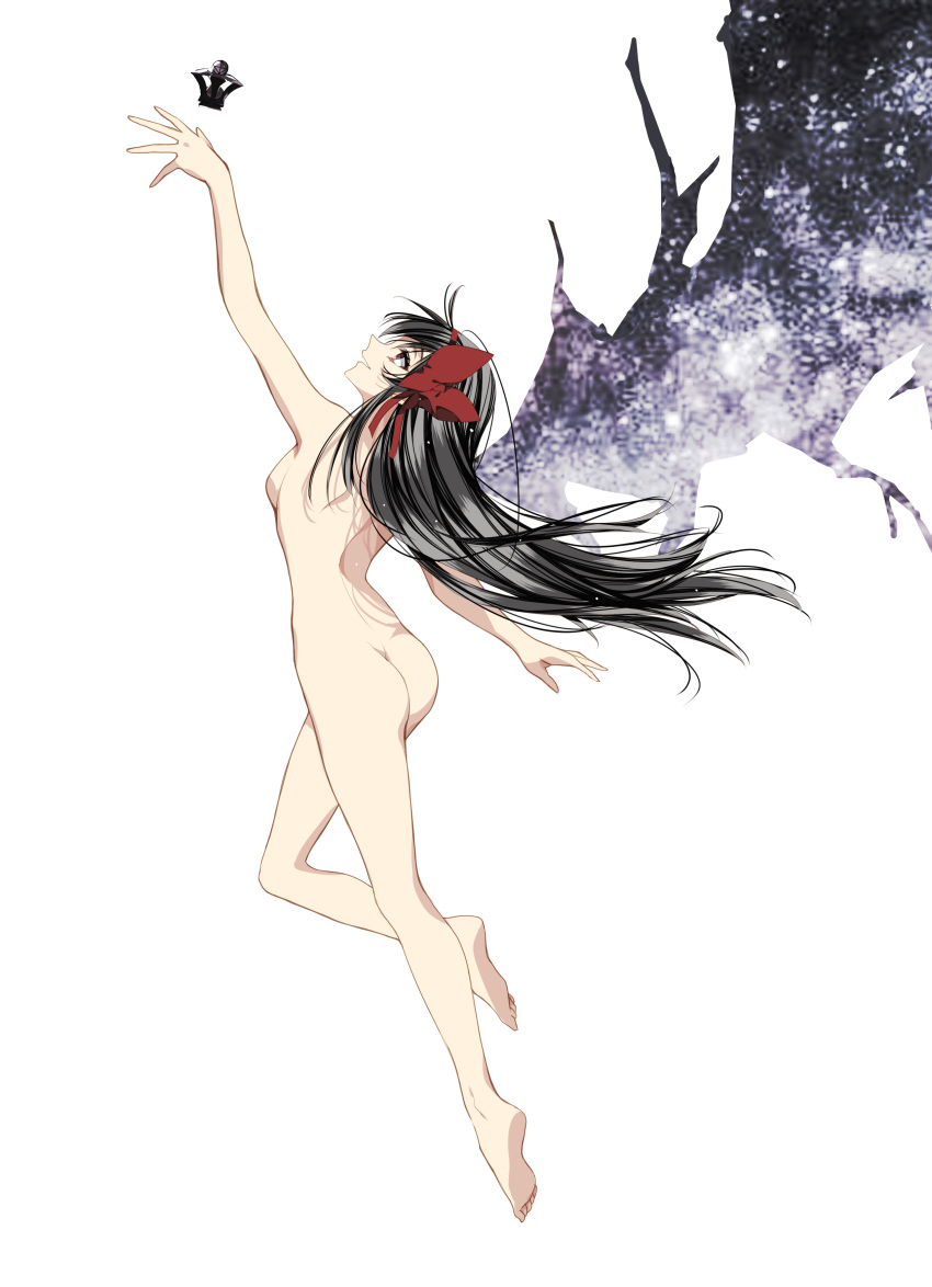 1girl absurdres akemi_homura ass back barefoot black_hair completely_nude full_body highres long_hair looking_at_object mahou_shoujo_madoka_magica misteor nude purple_eyes reaching red_ribbon ribbon smile solo soul_gem toes