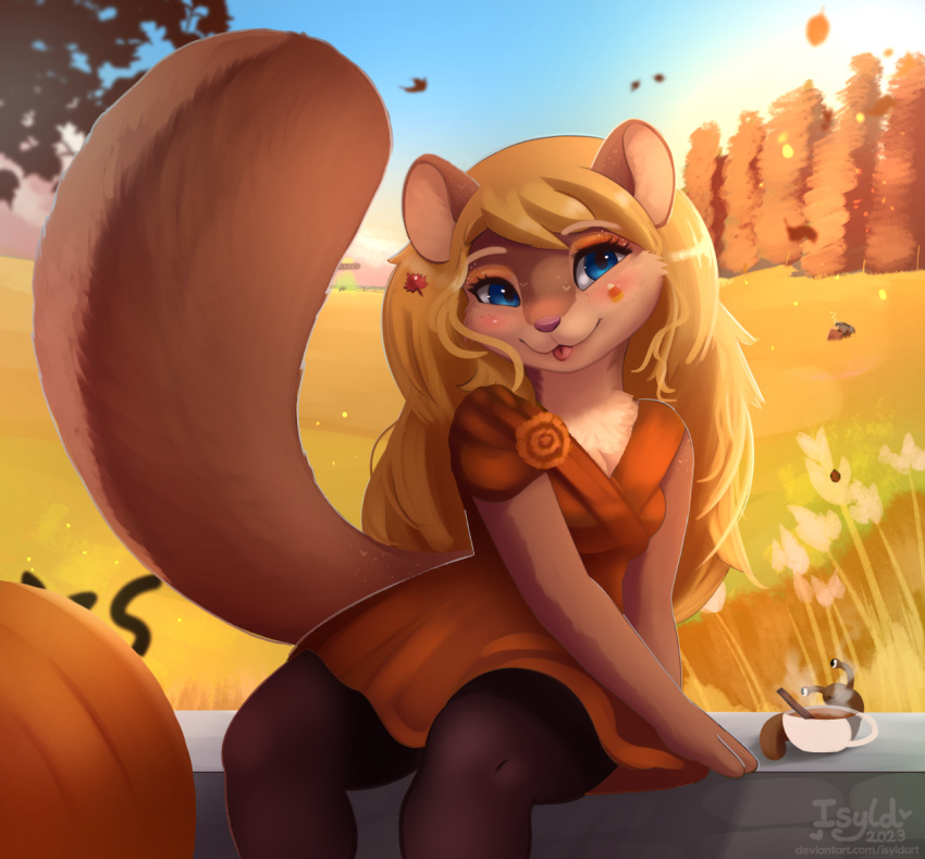 anthro blonde_hair blue_eyes blush bottomwear breasts brown_body clothed clothing female hair hi_res isyld looking_at_viewer mammal rodent sciurid sitting skirt smile solo tree_squirrel