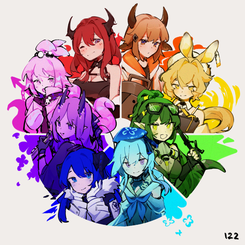 2boys 6+girls :d animal_ears arknights bare_shoulders bison_(arknights) black_collar black_dress black_gloves black_jacket black_shirt blonde_hair blue_eyes blue_hair blue_headwear blue_neckerchief breasts brown_eyes brown_hair cleavage clipboard collar color_wheel_challenge cow_boy cow_ears cow_horns dailybloopy dark_halo demon_horns demon_tail detached_collar detached_wings dorothy_(arknights) dress ear_tag energy_wings fingerless_gloves flute fur-trimmed_jacket fur_trim gavial_(arknights) gavial_the_invincible_(arknights) gloves goggles goggles_on_head green_eyes green_hair hair_between_eyes hair_intakes hair_ornament halo hat hibiscus_(arknights) hibiscus_the_purifier_(arknights) highres holding holding_clipboard holding_instrument holding_wand horns instrument jacket kirara_(arknights) looking_at_viewer medium_breasts mizuki_(arknights) mostima_(arknights) mouse_ears mouse_girl multiple_boys multiple_girls neckerchief official_alternate_costume open_clothes open_jacket open_mouth otoko_no_ko pink_eyes pink_hair pink_jacket pointy_ears ponytail purple_eyes purple_hair shirt simple_background sleeveless sleeveless_dress small_breasts smile surtr_(arknights) tail topknot wand white_background white_gloves white_headwear white_jacket wings yellow_eyes