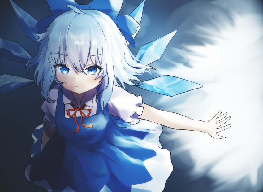 1girl ar_(maeus) arm_up blue_bow blue_dress blue_eyes blue_hair bow breasts cirno closed_mouth commentary_request dress expressionless from_above highres ice ice_wings light_blue_hair outstretched_arm puffy_short_sleeves puffy_sleeves red_ribbon ribbon short_sleeves sidelighting small_breasts solo touhou wing_collar wings