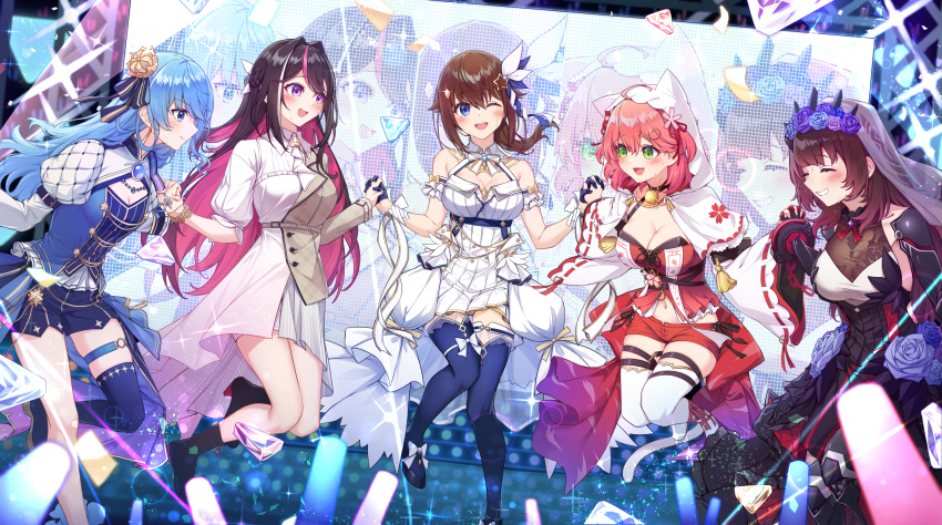 5girls ;d absurdres azki_(4th_costume)_(hololive) azki_(hololive) black_dress black_footwear black_hair blue_hair blue_thighhighs blush boots breasts brown_hair cleavage colored_inner_hair commentary crown dress english_commentary glowstick high_heel_boots high_heels highres holding_hands hololive hoshimachi_suisei hoshimachi_suisei_(5th_costume) interlocked_fingers jumping long_hair medium_hair multicolored_hair multiple_girls nontraditional_miko one_eye_closed open_mouth pink_hair roboco-san roboco-san_(7th_costume) sakura_miko sakura_miko_(4th_costume) see-through_veil smile stage sweat tang-du thigh_strap thighhighs tokino_sora tokino_sora_(4th_costume) very_sweaty virtual_youtuber wedding_dress white_dress white_thighhighs