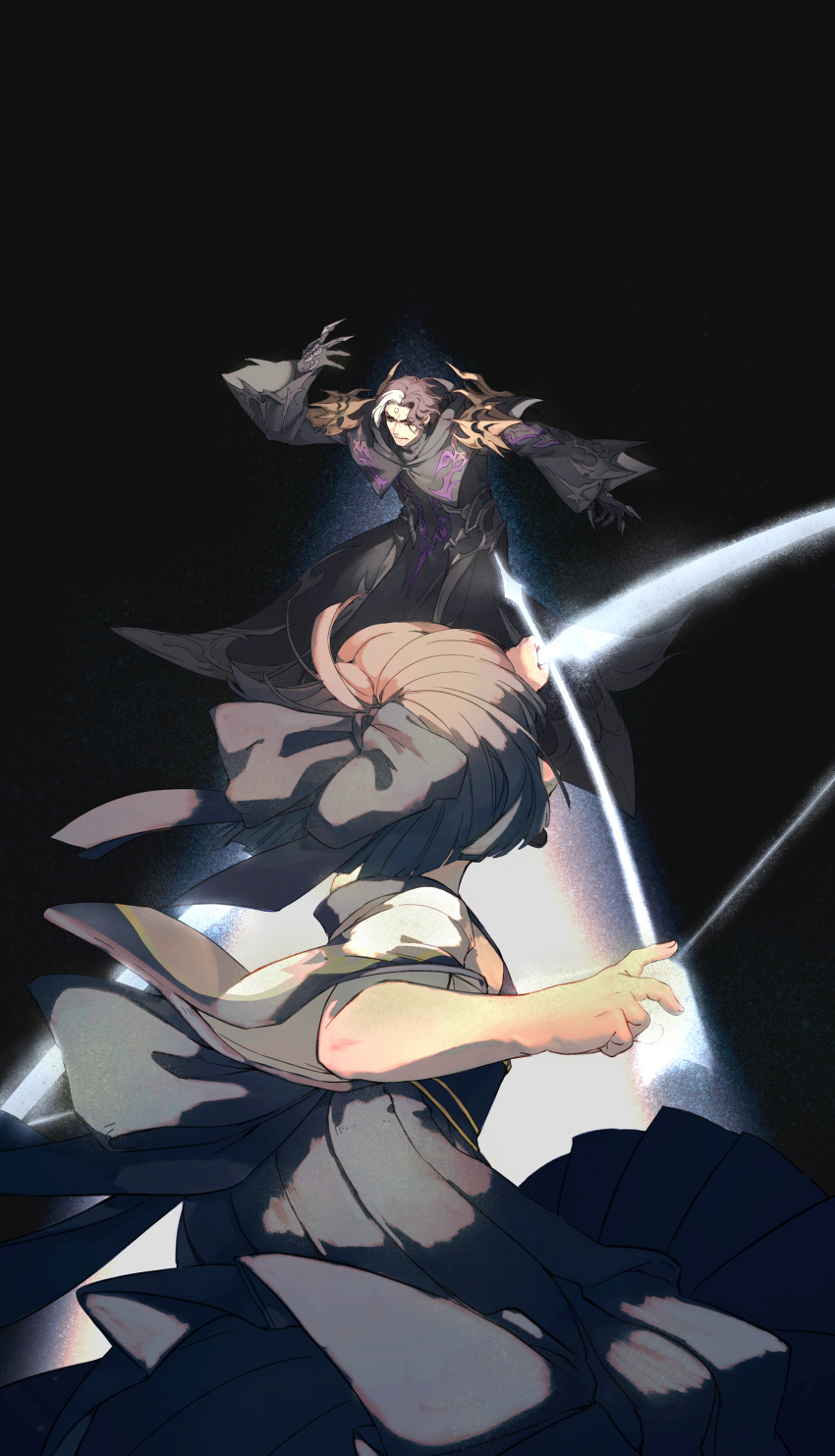 1boy 1girl absurdres armor black_background black_gloves black_robe blue_skirt bow bow_(weapon) brown_hair claw_ring drawing_bow duel emet-selch facing_away feet_out_of_frame fermium.ice final_fantasy final_fantasy_xiv furrowed_brow garlean gloves glowing glowing_bow_(weapon) glowing_weapon hair_bow hakama hakama_skirt highres holding holding_bow_(weapon) holding_weapon japanese_clothes lalafell looking_at_another multicolored_hair outstretched_arms pauldrons pointy_ears robe serious short_hair shoulder_armor skirt spiked_pauldrons third_eye two-tone_hair warrior_of_light_(ff14) weapon white_hair wide_sleeves yellow_eyes