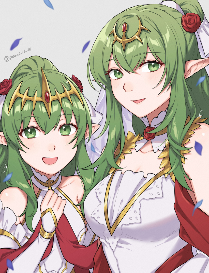 2girls :d bare_shoulders breasts bridal_veil commentary_request dress dual_persona fire_emblem fire_emblem:_shadow_dragon_and_the_blade_of_light fire_emblem_awakening fire_emblem_heroes flower grey_background hair_flower hair_ornament highres large_breasts looking_at_viewer multiple_girls peach11_01 pointy_ears red_flower red_rose rose simple_background sleeveless sleeveless_dress smile tiki_(adult)_(bridal)_(fire_emblem) tiki_(adult)_(fire_emblem) tiki_(fire_emblem) tiki_(young)_(bridal)_(fire_emblem) tiki_(young)_(fire_emblem) veil white_dress