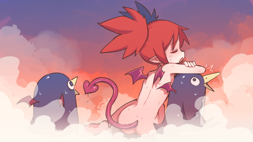 1girl 2others ass back completely_nude demon_girl demon_tail demon_wings disgaea etna_(disgaea) from_behind highres makai_senki_disgaea mini_wings multiple_others nude onsen open_mouth orenji_(wholesomeorenji) pointy_ears prinny red_hair sitting steam sweatdrop tail twintails wet wings