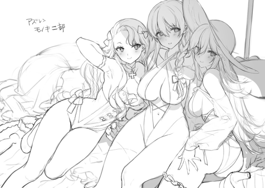 3girls armpits arms_behind_back ass azur_lane bangs bikini blush braid breasts criss-cross_halter emile_bertin_(azur_lane) emile_bertin_(cote_d'azur)_(azur_lane) frills greyscale groin halterneck hat hermione_(azur_lane) hermione_(pure_white_holiday)_(azur_lane) large_breasts long_hair looking_at_viewer monochrome multiple_girls official_alternate_costume one-piece_swimsuit parted_bangs ribbon richelieu_(azur_lane) richelieu_(fleuron_of_the_waves)_(azur_lane) single_braid sketch smile sun_hat swimsuit thighs ygcn