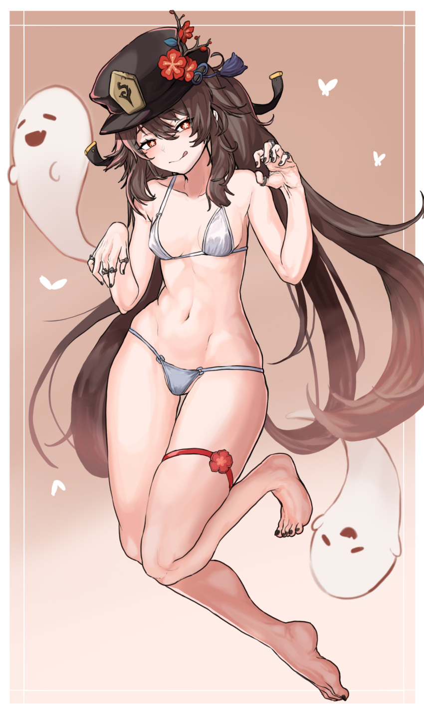 1girl :p bikini black_headwear black_nails boo_tao_(genshin_impact) breasts bright_pupils brown_hair chroong closed_mouth flower-shaped_pupils full_body genshin_impact ghost gradient_background hands_up highres hu_tao_(genshin_impact) long_hair looking_at_viewer mixed-language_commentary nail_polish navel orange_eyes small_breasts solo swimsuit symbol-shaped_pupils thigh_strap toenail_polish toenails tongue tongue_out twintails white_bikini white_pupils