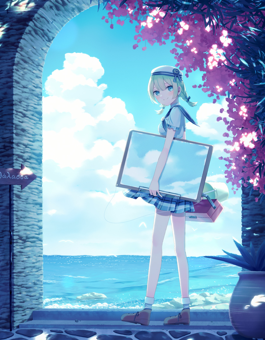 1girl absurdres blue_eyes blue_skirt blue_sky brown_footwear bucket cloud day green_hair highres ocean original outdoors painting_(object) plaid plaid_skirt plant potted_plant sakakidani shirt shoes short_sleeves short_twintails sign skirt sky smile socks standing summer toolbox twintails white_headwear white_shirt