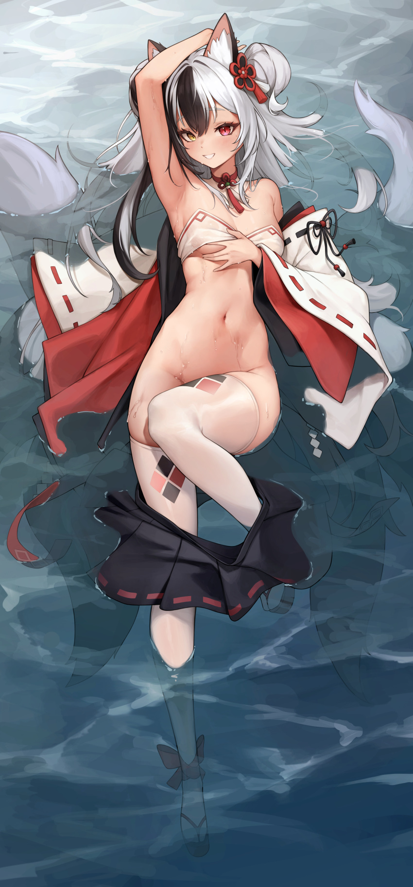 1girl absurdres afloat animal_ear_fluff animal_ears arm_up armpits black_hair black_skirt bottomless bra breasts convenient_leg copyright_request covered_nipples fox_ears fox_tail full_body grin hair_between_eyes hair_ornament heterochromia highres japanese_clothes kimono knee_up looking_at_viewer lying medium_breasts multicolored_hair multiple_tails navel off_shoulder on_back red_eyes ribbon-trimmed_sleeves ribbon_trim sbbs skirt skirt_around_ankles smile solo stomach strapless strapless_bra striped tail thighhighs tsurime two-tone_hair underwear vertical_stripes wet white_bra white_hair white_kimono white_thighhighs wide_sleeves yellow_eyes