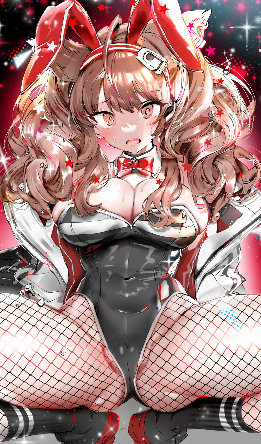 1girl absurdres angelina_(arknights) animal_ears arknights ass_visible_through_thighs black_leotard blush bow bowtie breasts brown_hair cameltoe cleavage covered_navel detached_collar fake_animal_ears fishnet_pantyhose fishnets fox_ears highres jacket large_breasts leotard long_hair looking_at_viewer open_clothes open_jacket pantyhose partially_visible_vulva playboy_bunny rabbit_ears red_bow red_bowtie red_eyes solo spread_legs squatting strapless strapless_leotard sweat tekona0 thighs twintails white_jacket