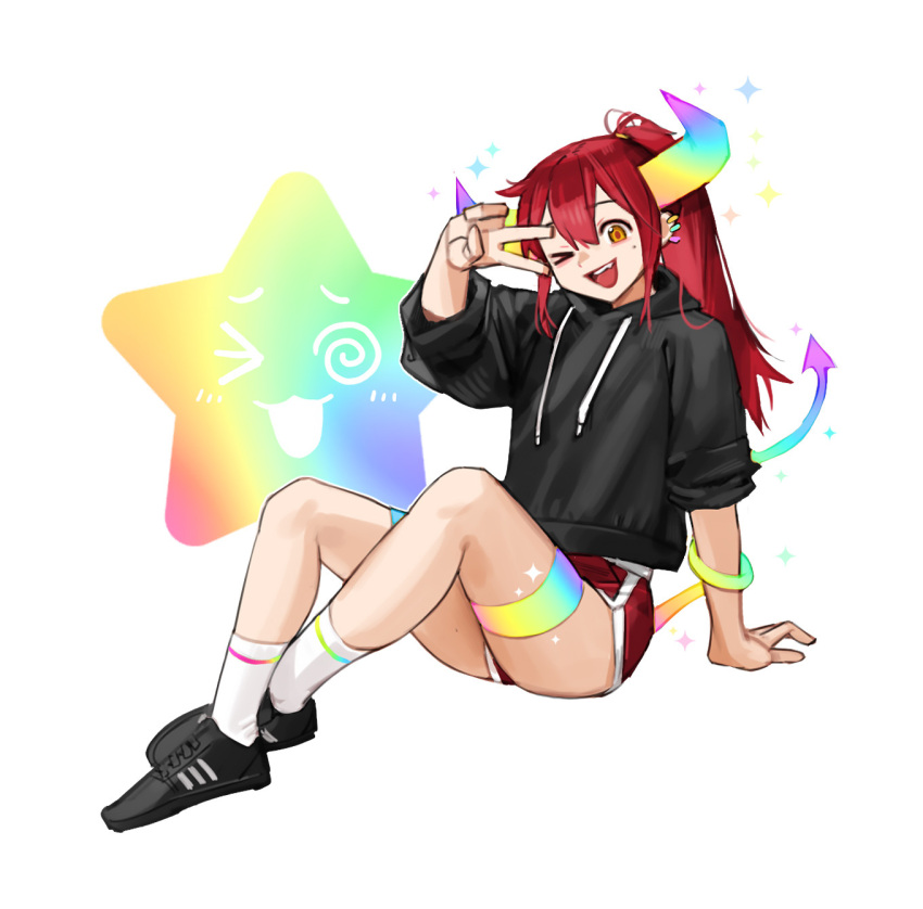 1girl black_footwear black_hoodie brown_eyes drawstring ear_piercing earrings full_body highres hood hoodie jewelry looking_at_viewer mole mole_under_eye one_eye_closed open_mouth original piercing ponytail rainbow_gradient rainbow_horns red_hair red_shorts rinotuna shoes shorts sidelocks sitting smile socks solo sparkle star_(symbol) v white_background white_socks