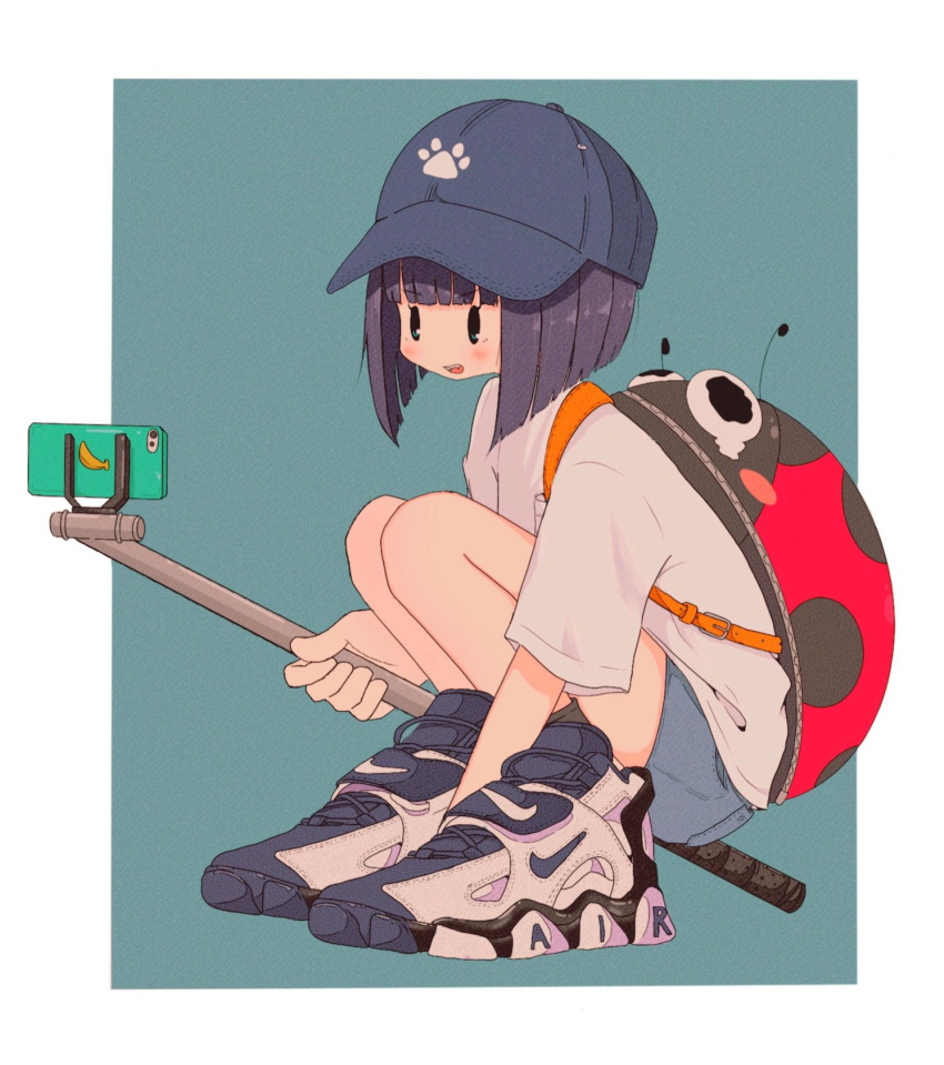 1girl aqua_background backpack bag baseball_cap black_eyes blue_headwear blunt_bangs blunt_ends border bug cellphone from_side full_body hat highres holding holding_stick ladybug nao97122 nike open_mouth original outside_border paw_print phone purple_hair selfie_stick shirt shoes short_hair short_sleeves simple_background smartphone sneakers solo squatting stick straight_hair t-shirt taking_picture white_border white_footwear white_shirt