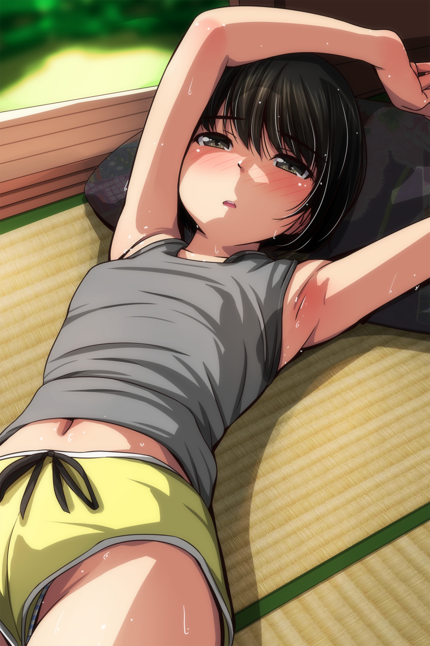 1girl absurdres armpits arms_up black_hair blue_panties blurry blurry_background blush bob_cut brown_eyes commentary drawstring foliage grey_tank_top groin highres hot indoors looking_at_viewer lying matsunaga_kouyou midriff midriff_peek narrowed_eyes navel nose_blush on_back on_floor open_door original panties panty_peek parted_lips pillow shaded_face short_hair short_shorts shorts shouji sleeveless sliding_doors solo striped striped_panties sweat tank_top tatami teeth two-tone_panties underwear upper_teeth_only veranda very_sweaty white_panties yellow_shorts