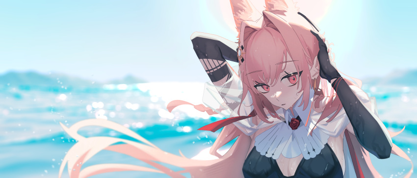 1girl absurdres arknights backlighting bikini black_bikini breasts cleavage covered_nipples day earrings elbow_gloves extra_ears flower gloves hair_intakes highres jewelry large_breasts long_hair looking_at_viewer no3coral outdoors parted_lips pink_hair pozyomka_(arknights) red_eyes red_flower red_rose rose see-through solo sunlight swimsuit upper_body very_long_hair water wet