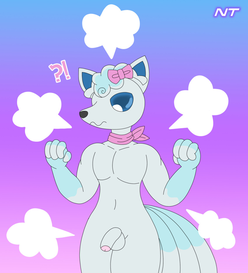 alolan_form alolan_vulpix anthro aurora_ledekova bow_accessory bow_ribbon canid canine confusion crossgender exclamation_point fox gender_transformation generation_7_pokemon genitals girly hair head_tuft hi_res looking_down male mammal multi_tail ninjatreecko nintendo penis pokemon pokemon_(species) pokemorph poof_effect question_mark regional_form_(pokemon) scarf small_penis solo standing tagme tail transformation tuft white_body wide_hips