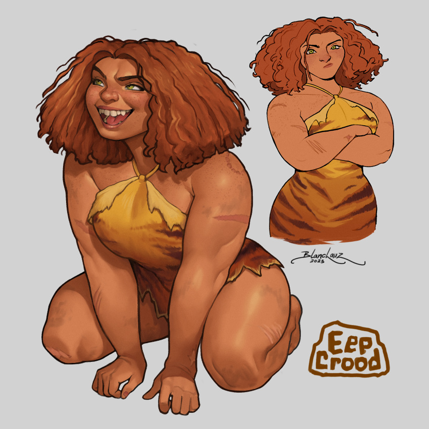 1girl absurdres animal_skin_dress blanclauz cavewoman character_name crossed_arms eep_crood grey_background highres kneeling long_hair messy_hair multiple_views open_mouth orange_hair signature simple_background teeth the_croods